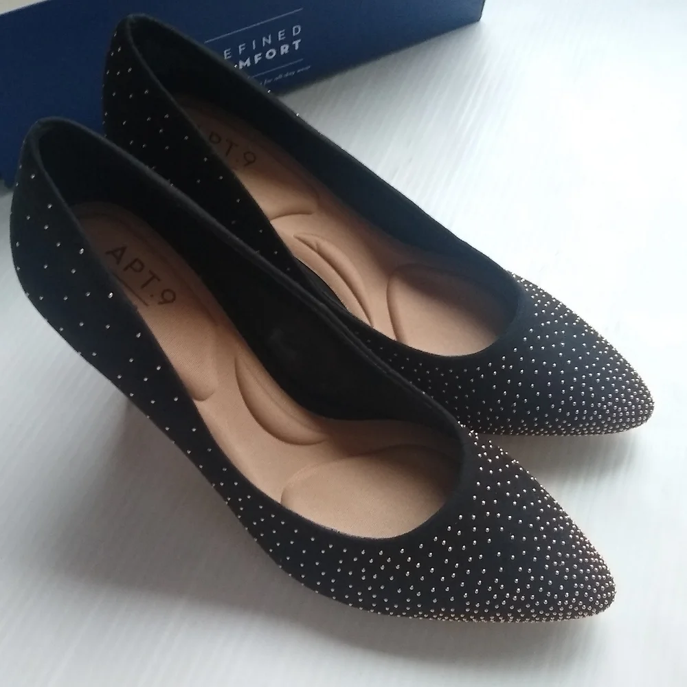 APT 9 Hourhand black gold studded embellished pumps